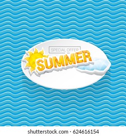 vector summer sale bright label design template . Summer sale banner or badge with beautiful sun and calligraphic text on blue fresh wave background