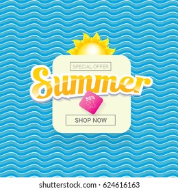 vector summer sale bright label design template . Summer sale banner or badge with beautiful sun and calligraphic text on blue fresh wave background