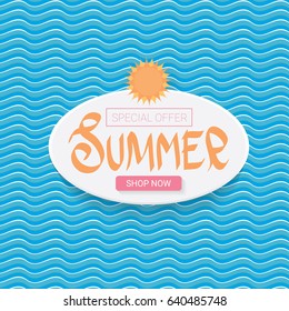 vector summer sale bright label design template . Summer sale banner or badge with beautiful sun and calligraphic text on blue fresh wave background