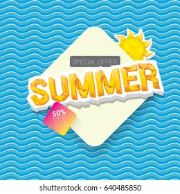 vector summer sale bright label design template . Summer sale banner or badge with beautiful sun and calligraphic text on blue fresh wave background