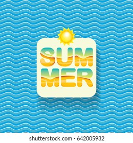 vector summer sale bright label design template . Summer sale banner or badge with beautiful sun and calligraphic text on blue fresh wave background