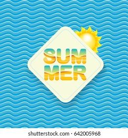 vector summer sale bright label design template . Summer sale banner or badge with beautiful sun and calligraphic text on blue fresh wave background