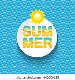 vector summer sale bright label design template . Summer sale banner or badge with beautiful sun and calligraphic text on blue fresh wave background