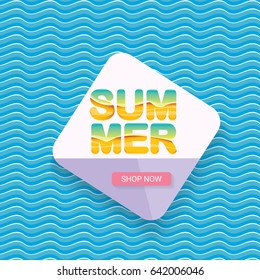 vector summer sale bright label design template . Summer sale banner or badge with beautiful sun and calligraphic text on blue fresh wave background