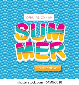 vector summer sale bright label design template . Summer sale banner or badge with beautiful sun and calligraphic text on blue fresh wave background
