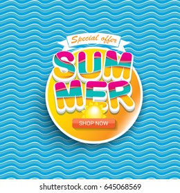 vector summer sale bright label design template . Summer sale banner or badge with beautiful sun and calligraphic text on blue fresh wave background