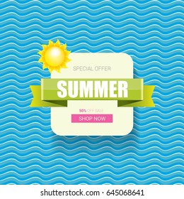 vector summer sale bright label design template . Summer sale banner or badge with beautiful sun and calligraphic text on blue fresh wave background