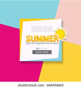 vector summer sale bright label design template . Summer sale banner or badge with beautiful sun and calligraphic text on abstract color background