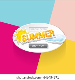 vector summer sale bright label design template . Summer sale banner or badge with beautiful sun and calligraphic text on abstract color background