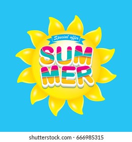 vector summer sale bright label design template . Summer sale banner or badge with beautiful sun and calligraphic text on blue sky background
