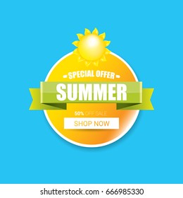 vector summer sale bright label design template . Summer sale banner or badge with beautiful sun and calligraphic text on blue sky background