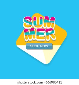 vector summer sale bright label design template . Summer sale banner or badge with beautiful sun and calligraphic text on blue sky background