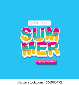 vector summer sale bright label design template . Summer sale banner or badge with beautiful sun and calligraphic text on blue sky background