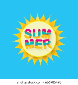 vector summer sale bright label design template . Summer sale banner or badge with beautiful sun and calligraphic text on blue sky background