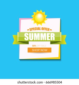 vector summer sale bright label design template . Summer sale banner or badge with beautiful sun and calligraphic text on blue sky background