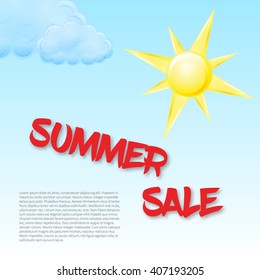 Vector Summer sale concept template with sun icon, clouds icons and text with shadows
