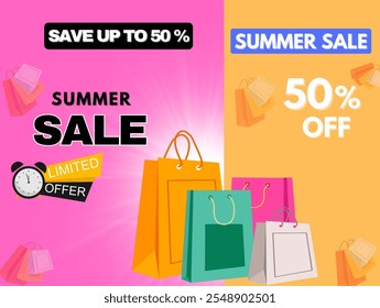 Vector Summer Sale Design: A vibrant design featuring bold text "Summer Sale" with colorful elements, representing sunny vibes and seasonal discounts. Ideal for promotional banners and advertisements.