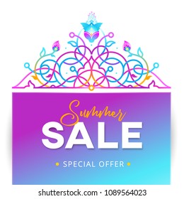 Vector summer sale discount banner with fluorescence decoration. Oriental acid neon color ornament. Template placard design for sale season. Decorated border for time of sales. Season special offer.