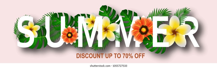 Vector Summer Sale Flyer Design with typographic elements on wood texture background. Summer elements 