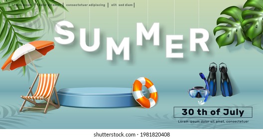 Vector Summer Sale Horizontal Banner Template With Summer Beach Elements, Sun Bed, Umbrella And Diving Mask.