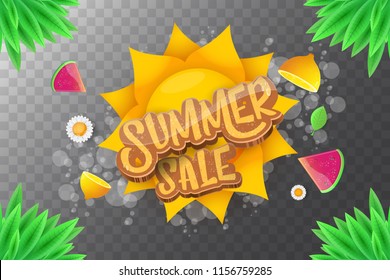 vector summer sale horizontal creative banner with text, summer green grass, flying fresh lemons, flowers and slice of watermelon. Creative 3d summer shopping horizontal poster or label