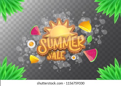 vector summer sale horizontal creative banner with text, summer green grass, flying fresh lemons, flowers and slice of watermelon. Creative 3d summer shopping horizontal poster or label
