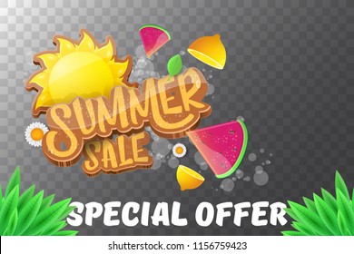 vector summer sale horizontal creative banner with text, summer green grass, flying fresh lemons, flowers and slice of watermelon. Creative 3d summer shopping horizontal poster or label