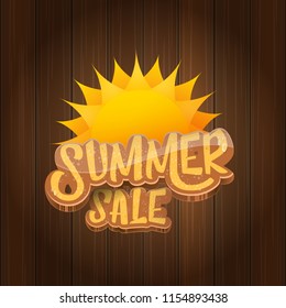 vector summer sale label or tag on wooden board background with sun. Summer sale poster or banner design template. 