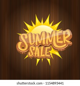 vector summer sale label or tag on wooden board background with sun. Summer sale poster or banner design template. 
