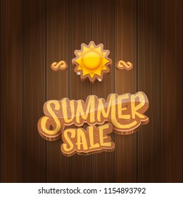 vector summer sale label or tag on wooden board background with sun. Summer sale poster or banner design template. 