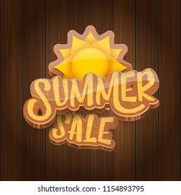 vector summer sale label or tag on wooden board background with sun. Summer sale poster or banner design template. 