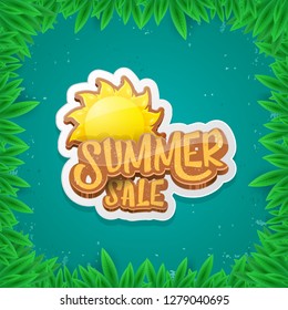 vector summer sale label or tag on green background with leaves and grass. Summer sale poster or banner design template