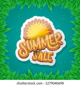 vector summer sale label or tag on green background with leaves and grass. Summer sale poster or banner design template
