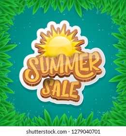 vector summer sale label or tag on green background with leaves and grass. Summer sale poster or banner design template