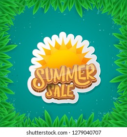 vector summer sale label or tag on green background with leaves and grass. Summer sale poster or banner design template