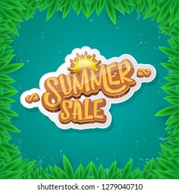 vector summer sale label or tag on green background with leaves and grass. Summer sale poster or banner design template