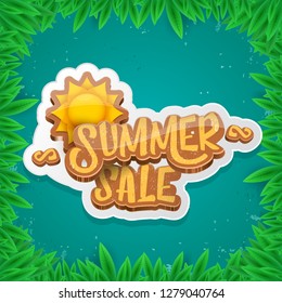 vector summer sale label or tag on green background with leaves and grass. Summer sale poster or banner design template