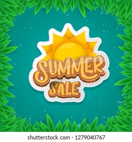 vector summer sale label or tag on green background with leaves and grass. Summer sale poster or banner design template