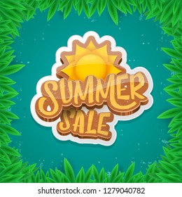 vector summer sale label or tag on green background with leaves and grass. Summer sale poster or banner design template
