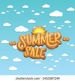 vector summer sale label or tag on blue sky background with sun and white clouds. Summer sale poster or banner design template