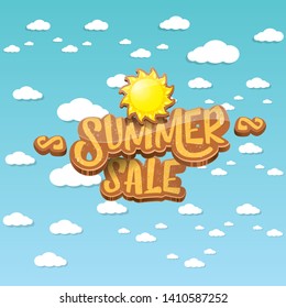 vector summer sale label or tag on blue sky background with sun and white clouds. Summer sale poster or banner design template