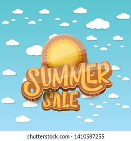 vector summer sale label or tag on blue sky background with sun and white clouds. Summer sale poster or banner design template