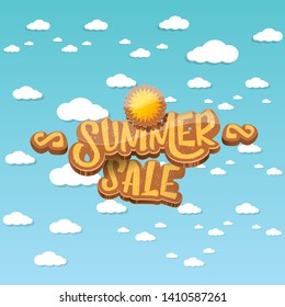 vector summer sale label or tag on blue sky background with sun and white clouds. Summer sale poster or banner design template
