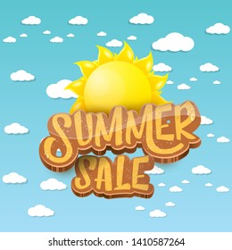 vector summer sale label or tag on blue sky background with sun and white clouds. Summer sale poster or banner design template