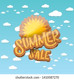 vector summer sale label or tag on blue sky background with sun and white clouds. Summer sale poster or banner design template