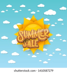 vector summer sale label or tag on blue sky background with sun and white clouds. Summer sale poster or banner design template