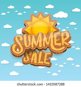 vector summer sale label or tag on blue sky background with sun and white clouds. Summer sale poster or banner design template