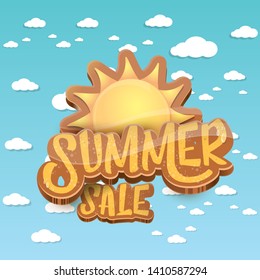 vector summer sale label or tag on blue sky background with sun and white clouds. Summer sale poster or banner design template