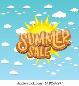 vector summer sale label or tag on blue sky background with sun and white clouds. Summer sale poster or banner design template