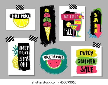 Vector summer sale labels with hand drawn slices of watermelon, lemon, pineapple, ice cream, cocktails. Bright design for discount posters, flyers, cards, banner with lettering.